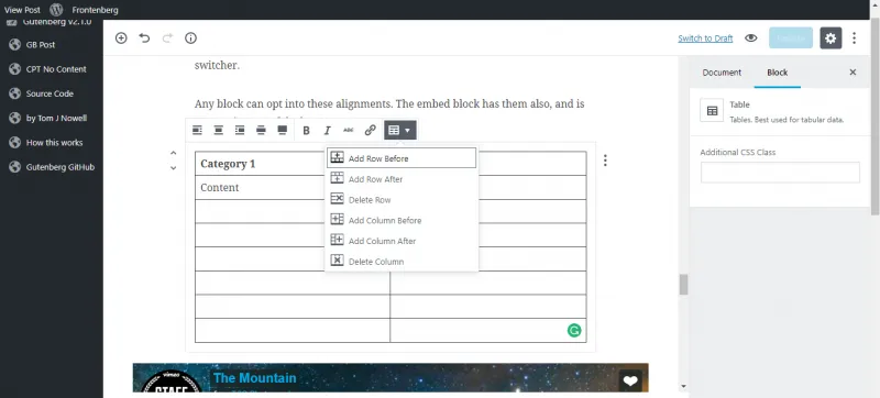 screenshot of tables in gutenberg wordpress editor