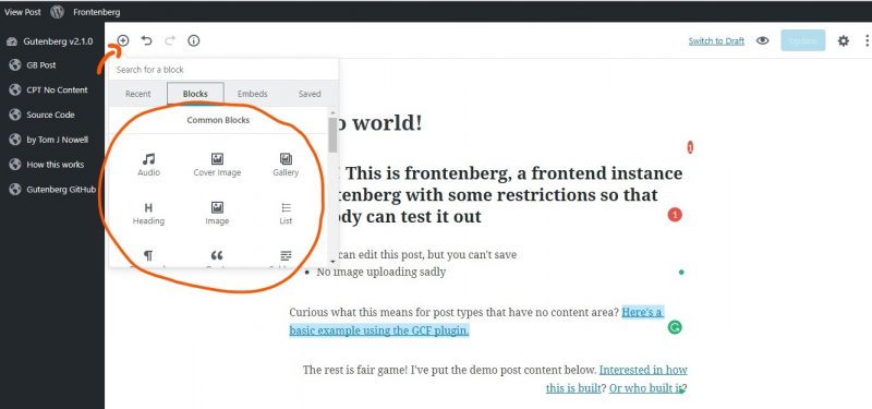 screenshot of gutenberg wordpress editor content blocks