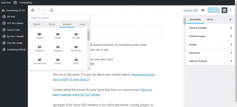 screenshot showing embedding in gutenberg wordpress editor