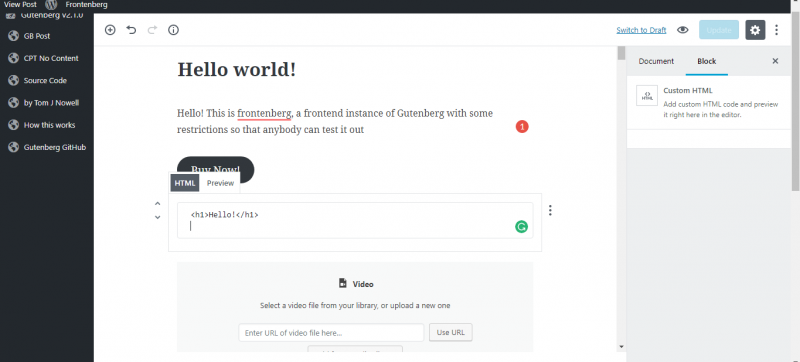 screenshot showing html block in gutenberg wordpress editor