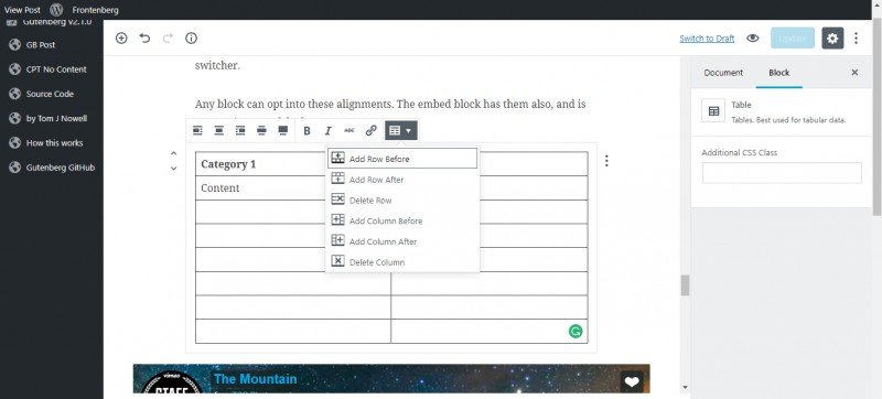 screenshot of tables in gutenberg wordpress editor