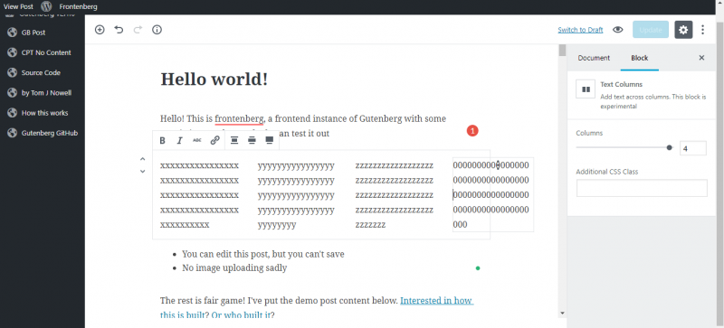 screenshot of text columns in gutenberg wordpress editor